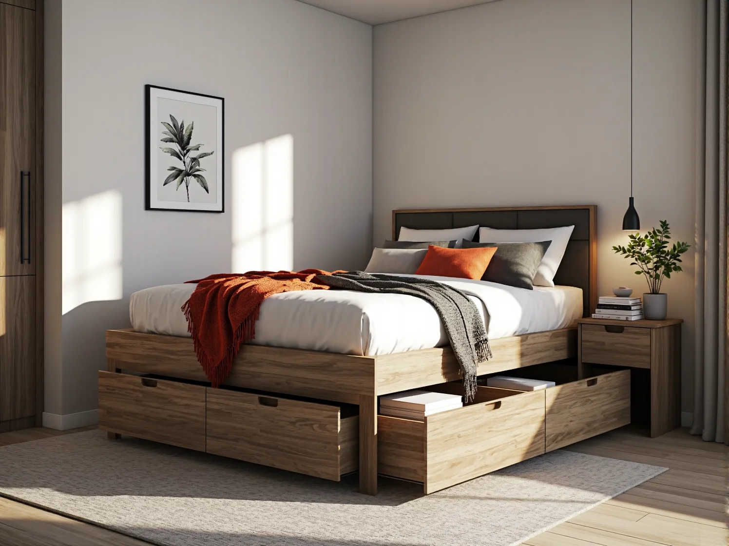 Funkcjonalne łóżko kontynentalne z podnoszonym stelażem i pojemnikiem do przechowywania.