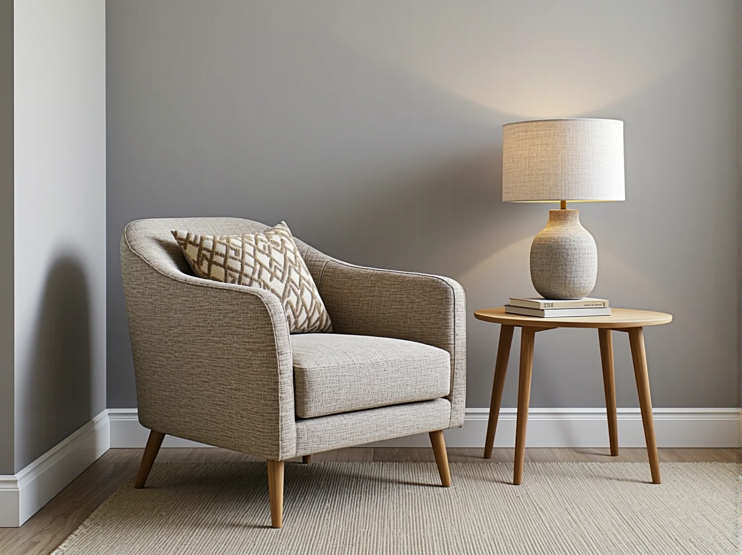 Funkcjonalne meble do małego salonu. Szara sofa z funkcją spania i półki wiszące oszczędzają miejsce.