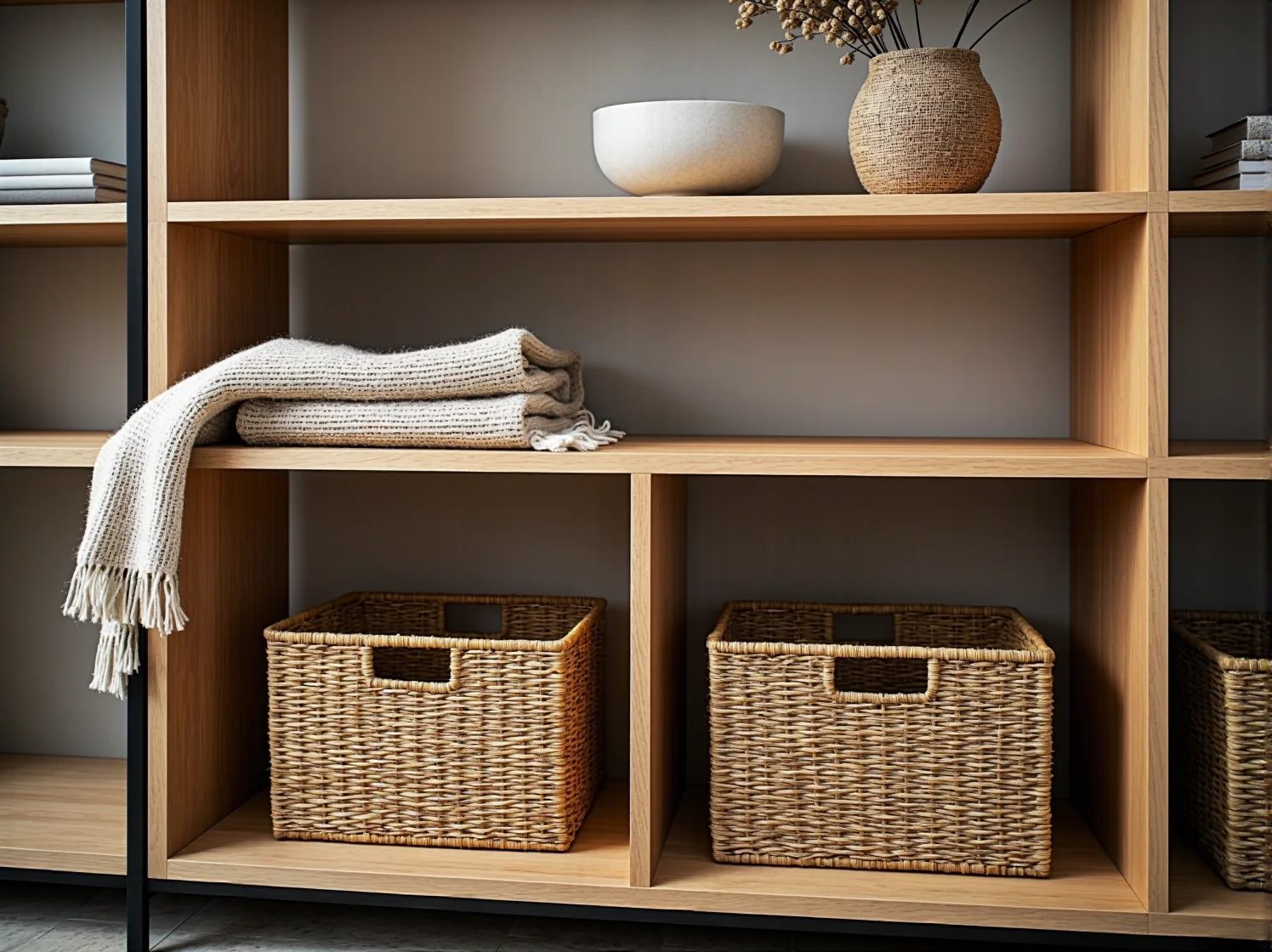 Funkcjonalny regał premium w skandynawskim wnętrzu, który porządkuje przestrzeń i dodaje jej przytulnego charakteru.