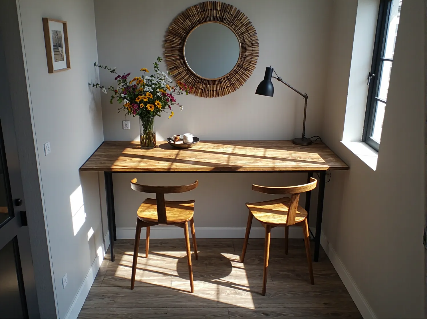 Rozkładany stół do jadalni pokazany przed i po rozłożeniu. Praktyczne rozwiązanie do małych mieszkań.