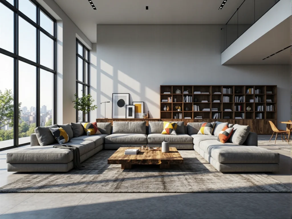 Szary narożnik modułowy w kształcie litery U z poduszkami