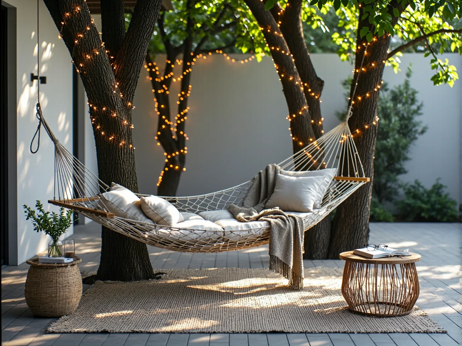 Girlandy LED i nowoczesne kinkiety zewnętrzne tworzące klimat w ogrodowej strefie wypoczynku.