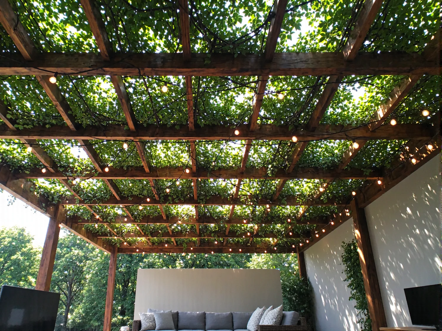 Girlandy świetlne rozwieszone na pergoli w ogrodzie. Inspiracja na romantyczne oświetlenie zewnętrzne.