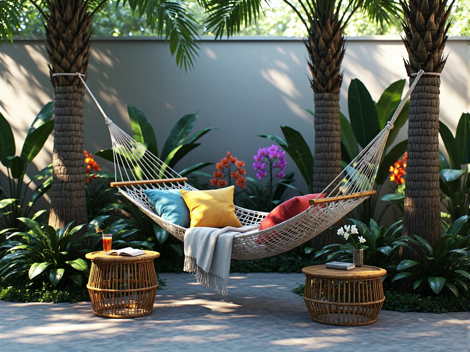 Dekoracyjne girlandy świetlne rozwieszone nad strefą relaksu w ogrodzie tropikalnym.