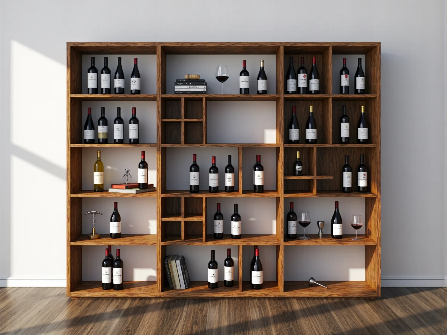 Aranżacja domowej winniczki: butelki wina w regale ze starej półki.