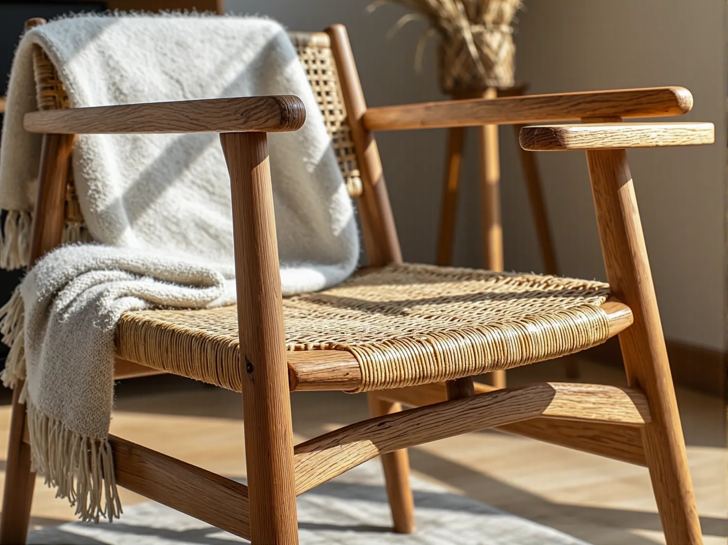 Ikoniczne drewniane krzesło jako przykład klasycznego skandynawskiego wzornictwa meblowego.