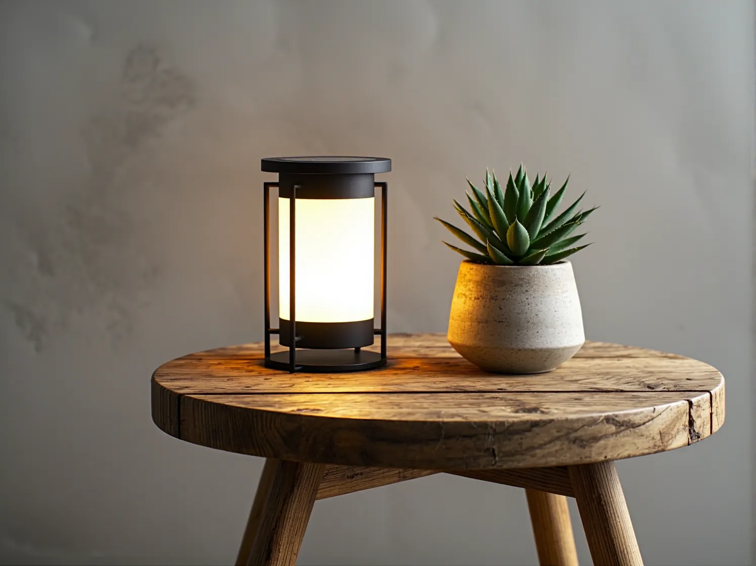 Czarny kinkiet solarny w stylu industrialnym zamontowany na surowej, betonowej ścianie tarasu. Ekologiczne oświetlenie.