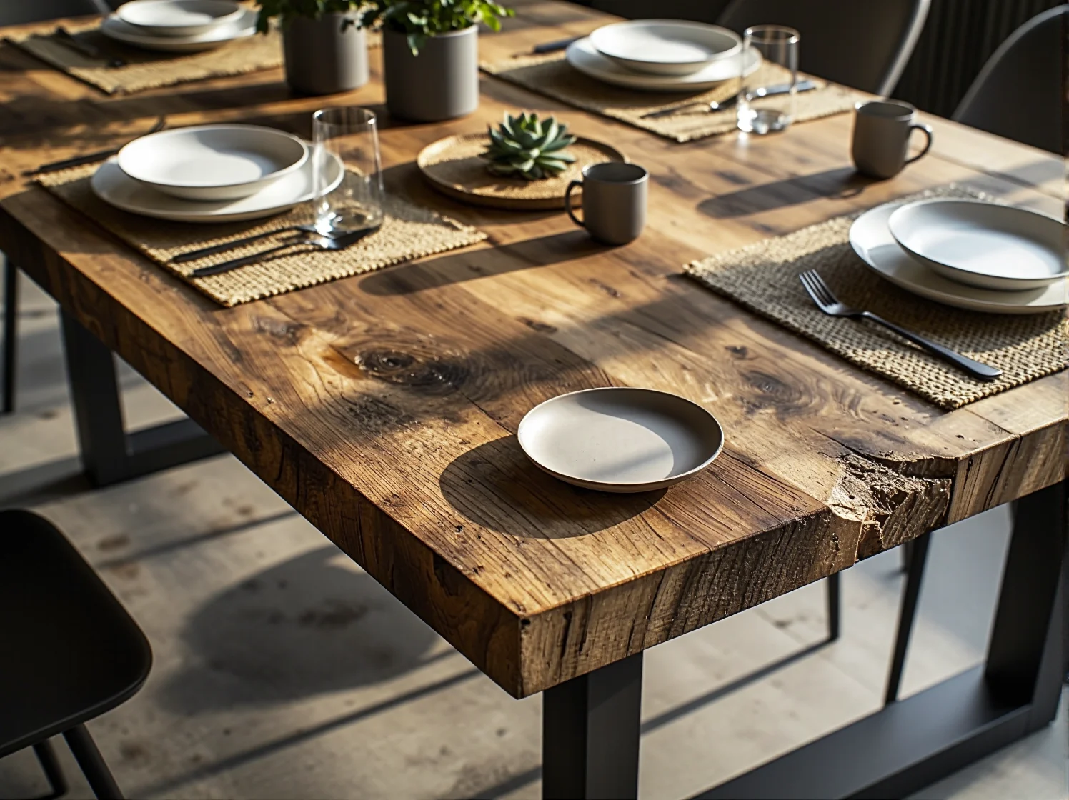 Zbliżenie na krawędź industrialnego stołu, pokazujące fakturę litego drewna i solidną, spawaną podstawę.