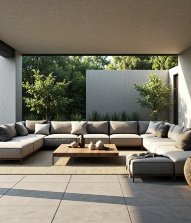 Modułowy narożnik ogrodowy szary z drewnianym stolikiem kawowym