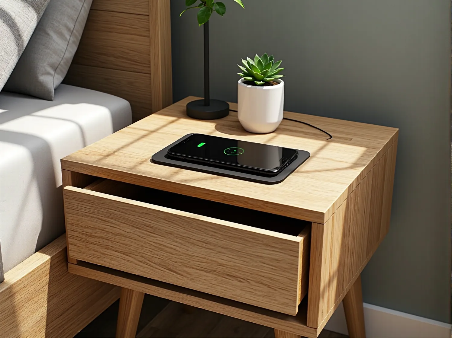 Inteligentne łóżko z sensorami IoT monitorujące jakość snu i parametry zdrowotne.