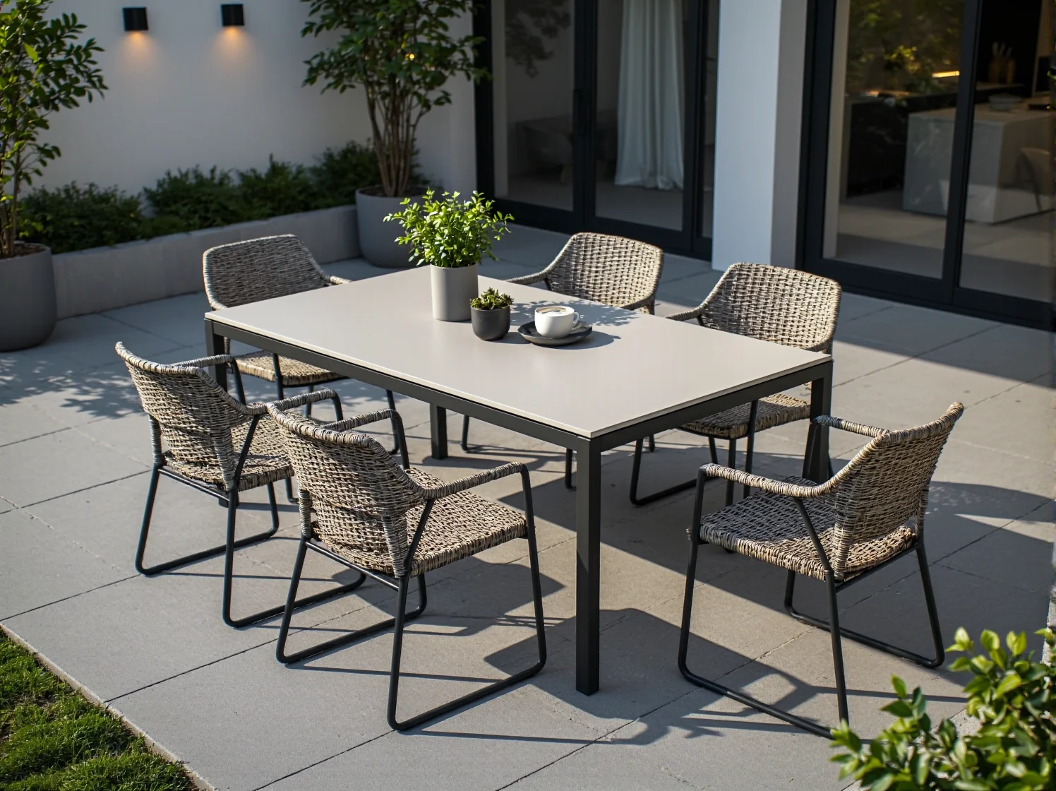 Inteligentne meble ogrodowe z zaawansowanych technologicznie tkanin odpornych na zmienne warunki pogodowe.