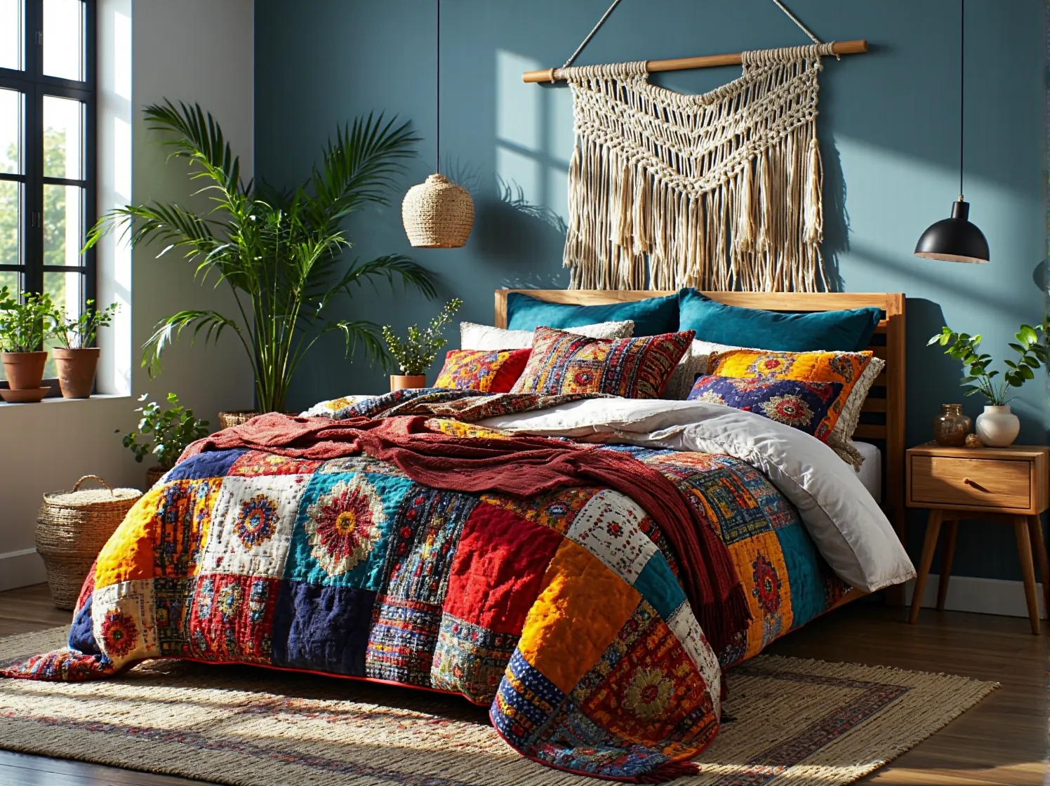 Jasna jadalnia z drewnianym stołem i bambusowymi lampami wiszącymi w klimacie boho.