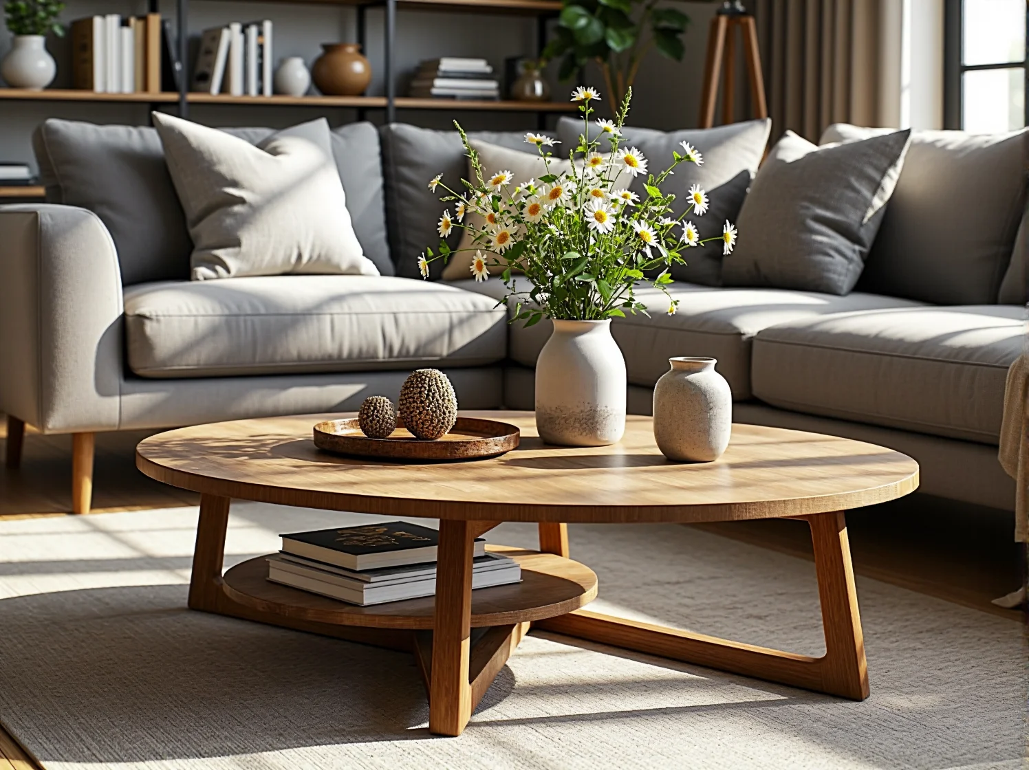 Optyczne powiększenie małego salonu za pomocą lustra i pionowych regałów. Nowoczesny i stylowy wystrój.