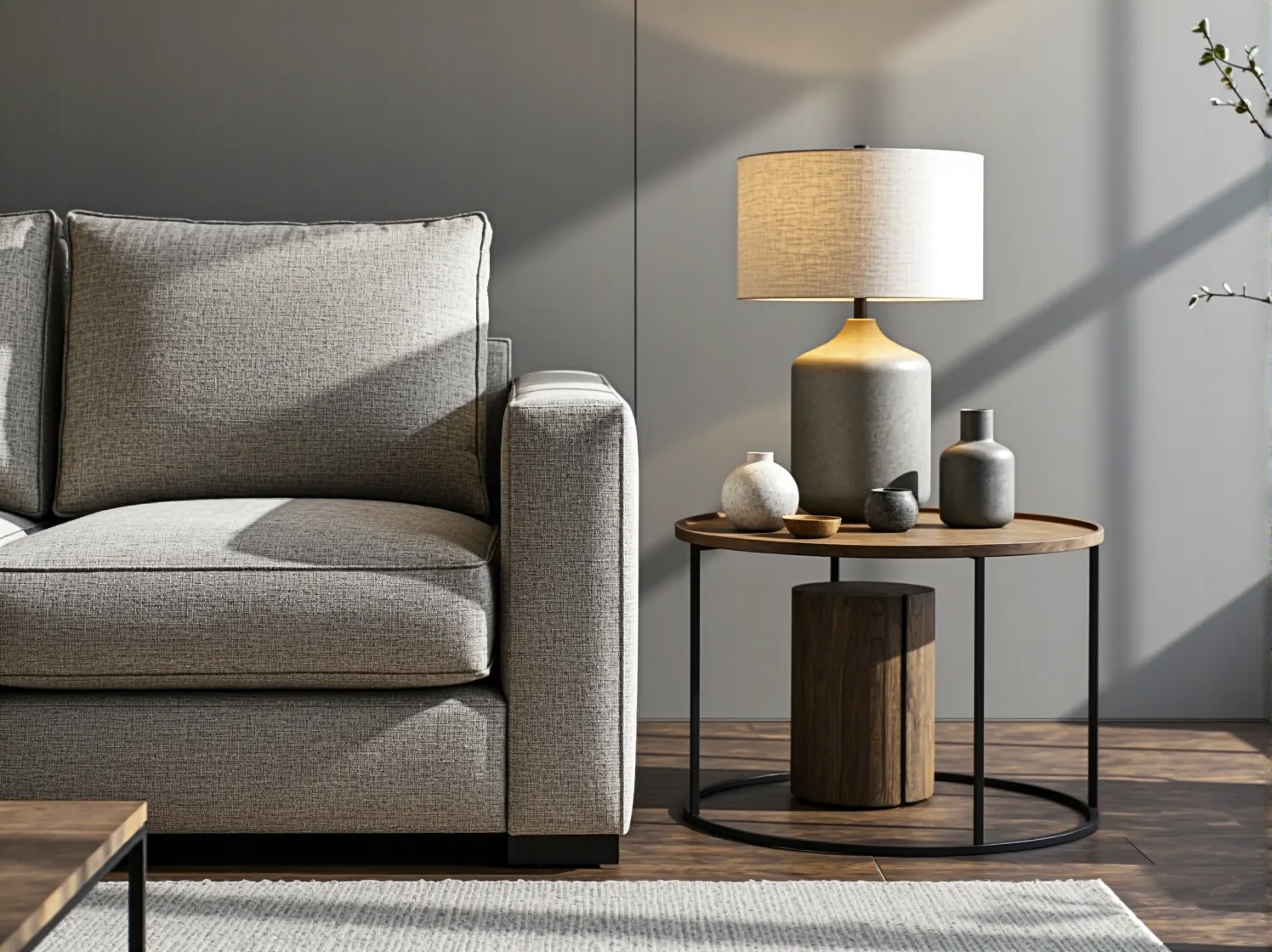 Funkcjonalne ustawienie narożnika w salonie połączonym z kuchnią, zapewniające spójność i komfort w dużym wnętrzu.