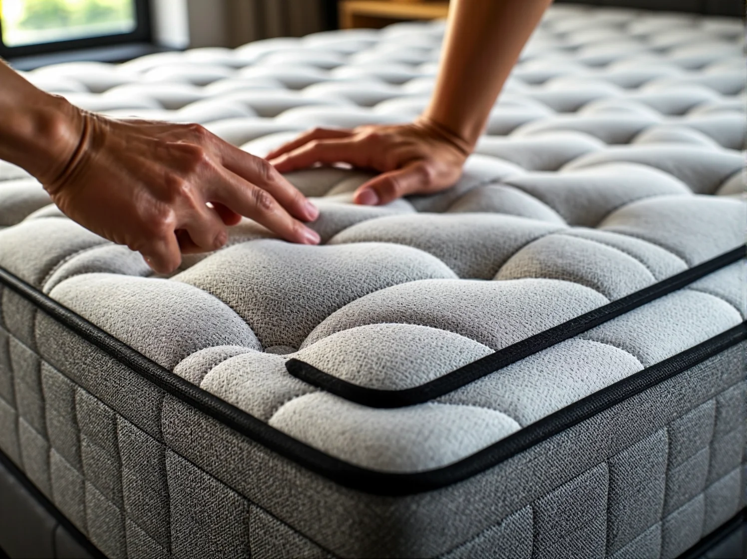 Kobieta stojąca przed wyborem idealnego materaca, zastanawiająca się nad hybrydowym i piankowym.