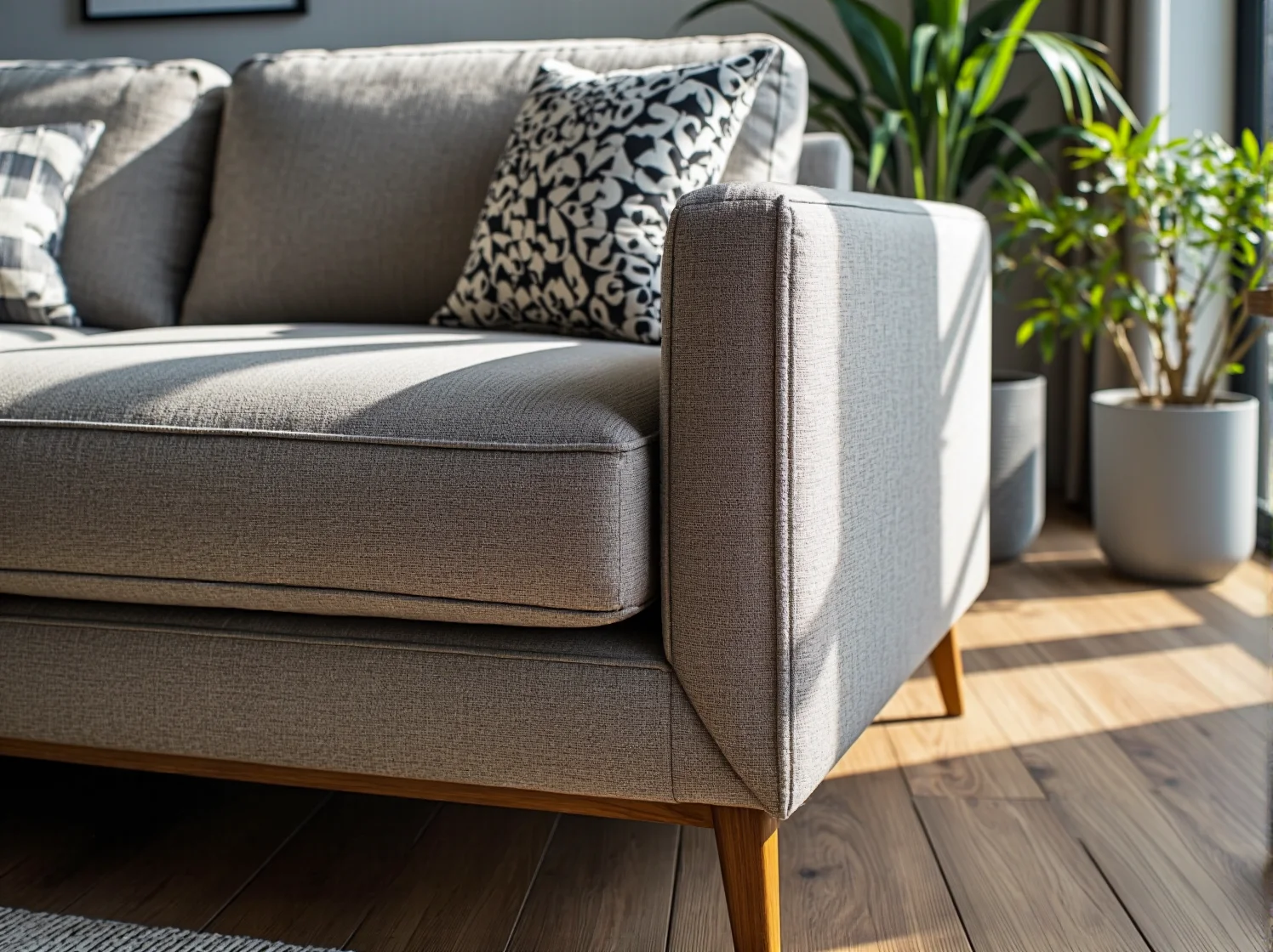 Minimalistyczny, biały narożnik na tle szarej ściany w małym pokoju dziennym.