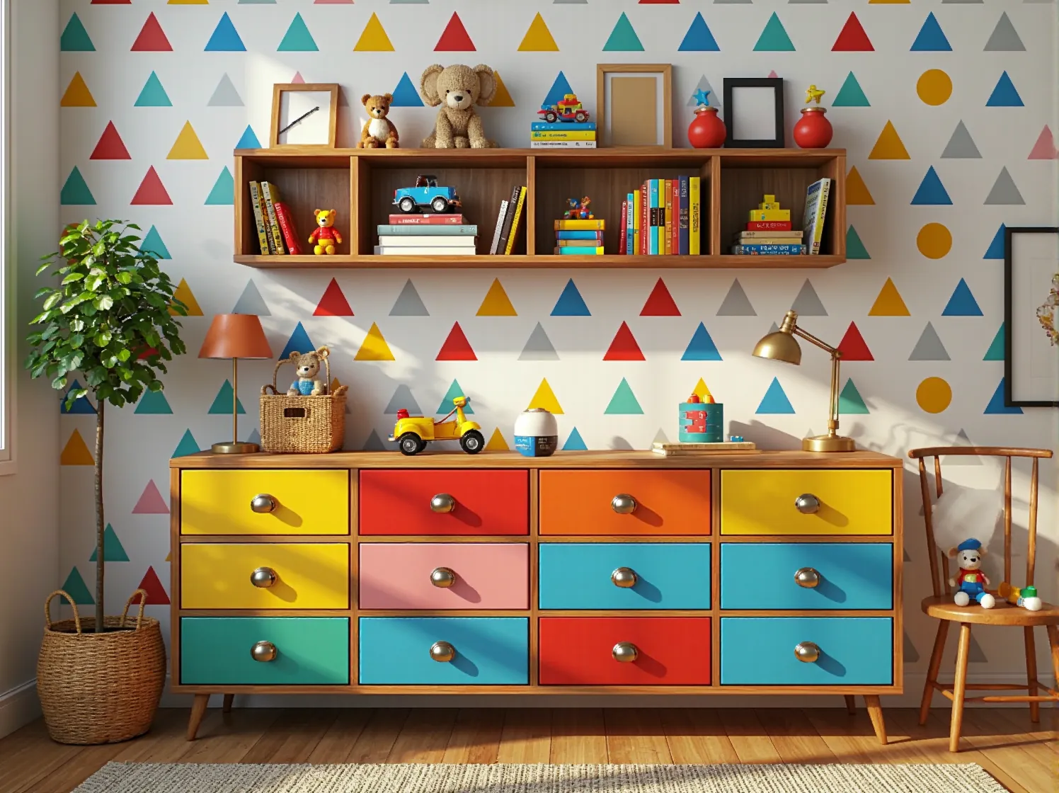 Kącik do zabawy w klimacie lat 70. z kolorowym dywanem i niskim regałem na książki.