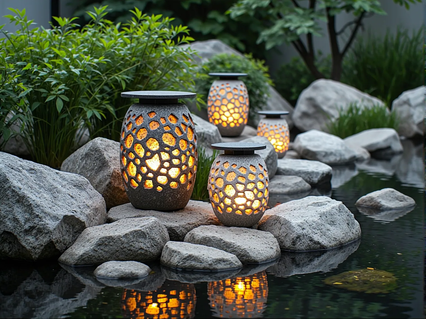 Dyskretna lampa ogrodowa w formie kamienia, idealnie wkomponowana w brzeg oczka wodnego w stylu tropikalnym.