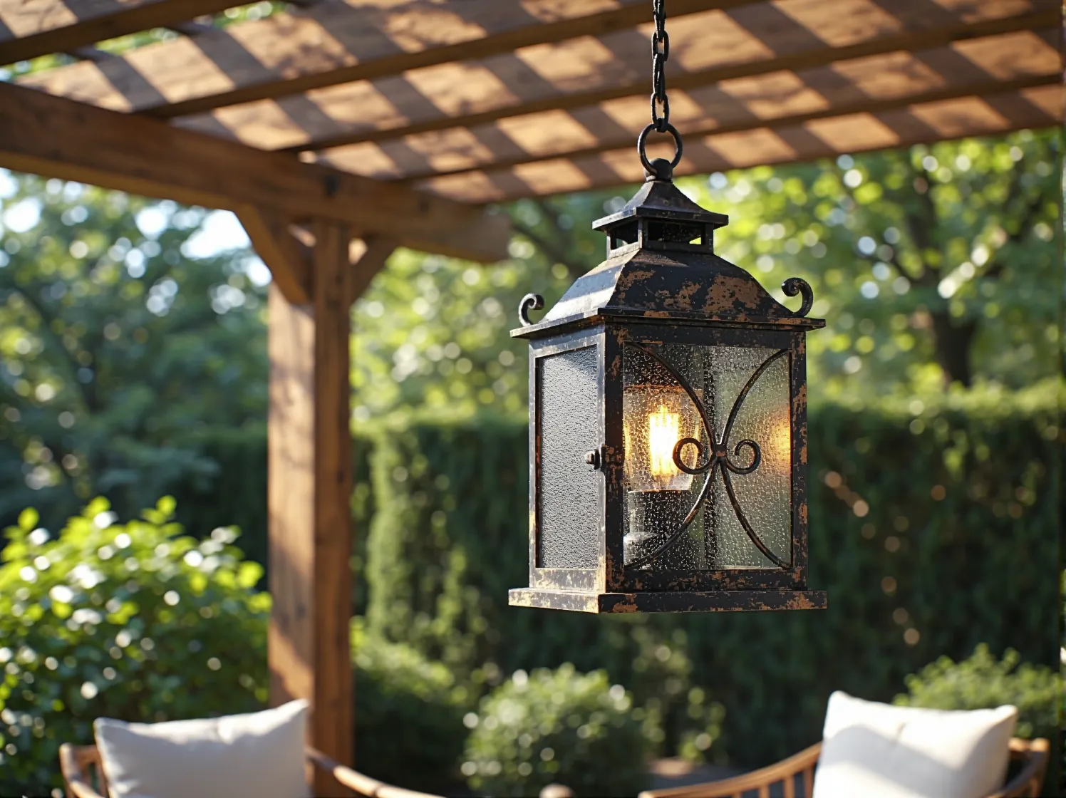 Stylowa lampa ogrodowa typu kinkiet na drewnianej pergoli. Idealne oświetlenie do stylu prowansalskiego.