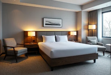 Łóżko hotelowe orzech z tapicerowanym zagłówkiem szarym