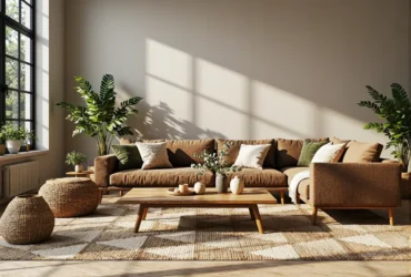 Brązowa sofa narożna z poduszkami i drewniany stolik kawowy