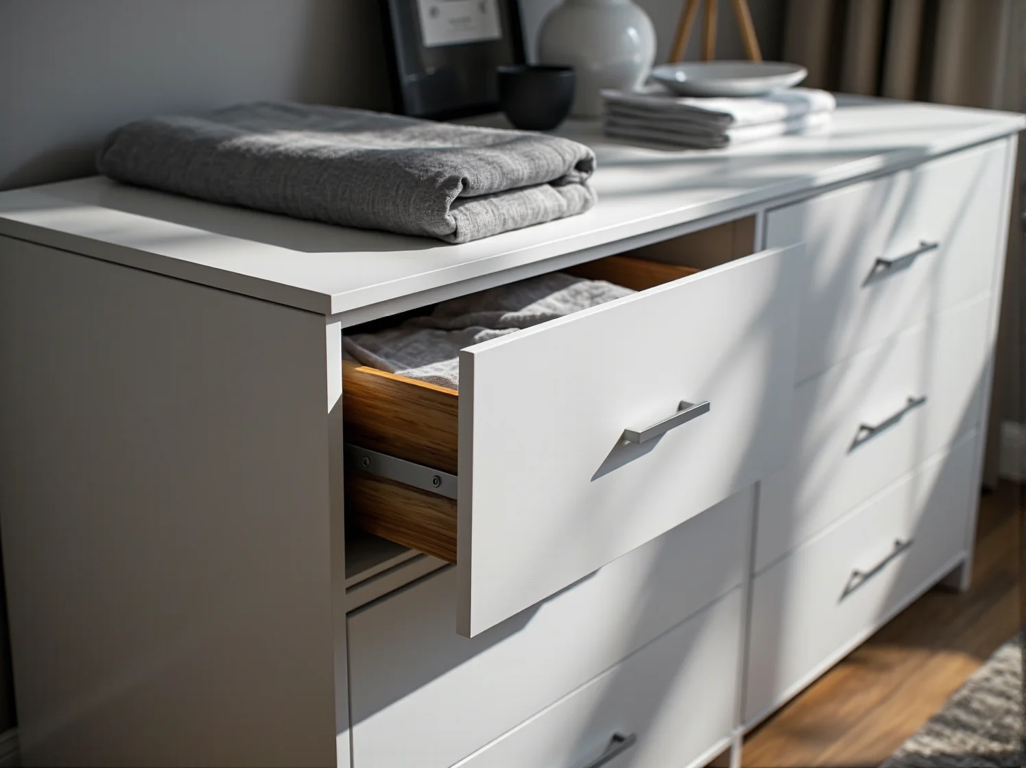 Biała komoda minimalistyczna w jasnym salonie, idealna do przechowywania w nowoczesnym, prostym wnętrzu.