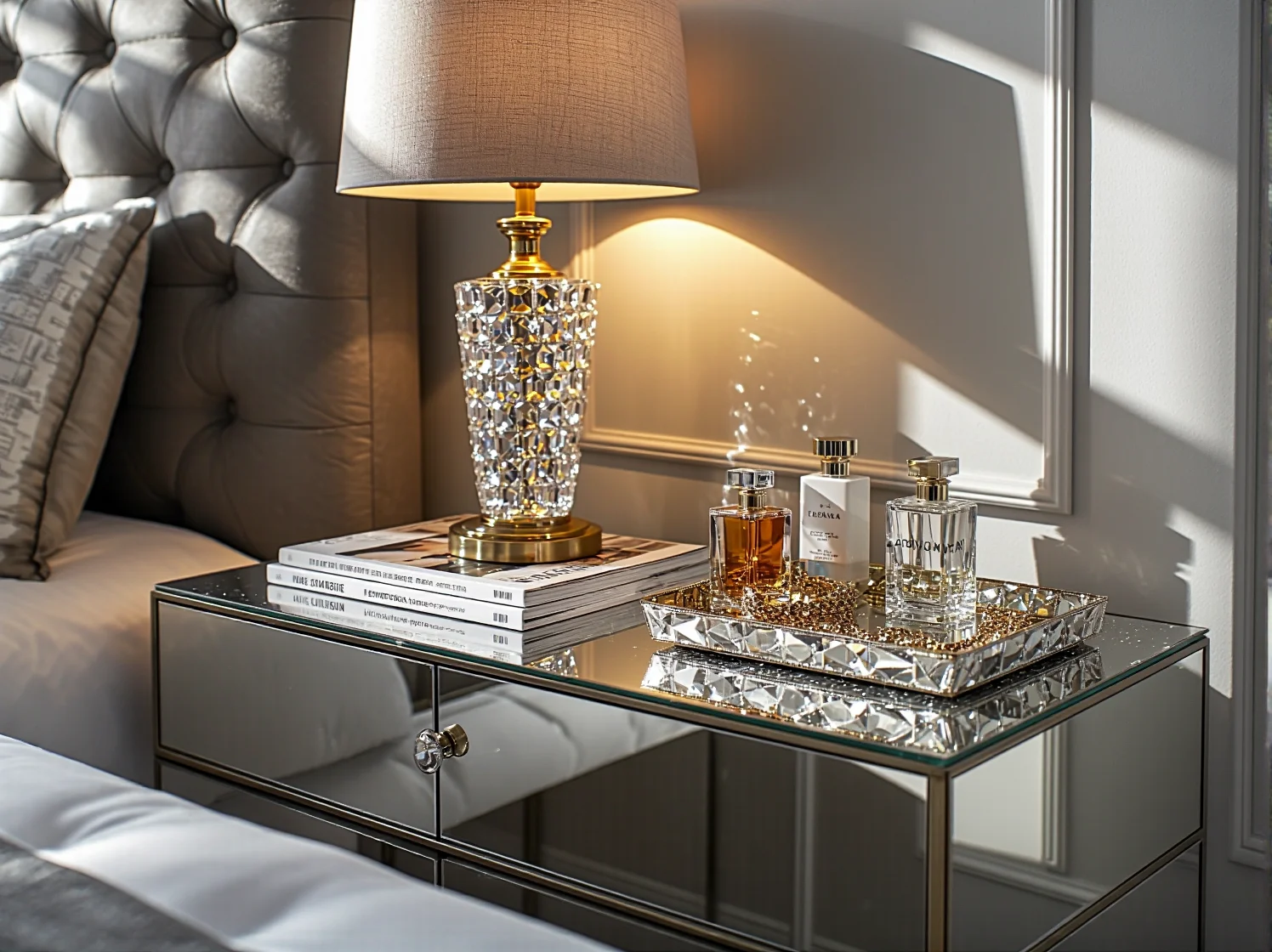 Kryształowy żyrandol i złote dekoracje podkreślające luksusowy charakter sypialni