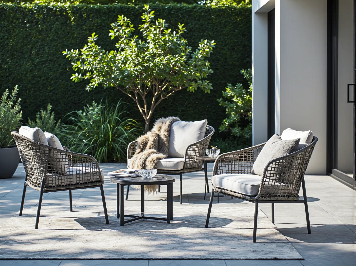 Kryształowy żyrandol zewnętrzny nad strefą wypoczynkową na eleganckim tarasie glamour.