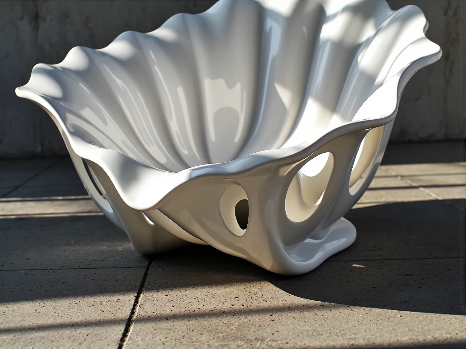 Krzesło wykonane w technologii druku 3D o skomplikowanej, futurystycznej strukturze geometrycznej.