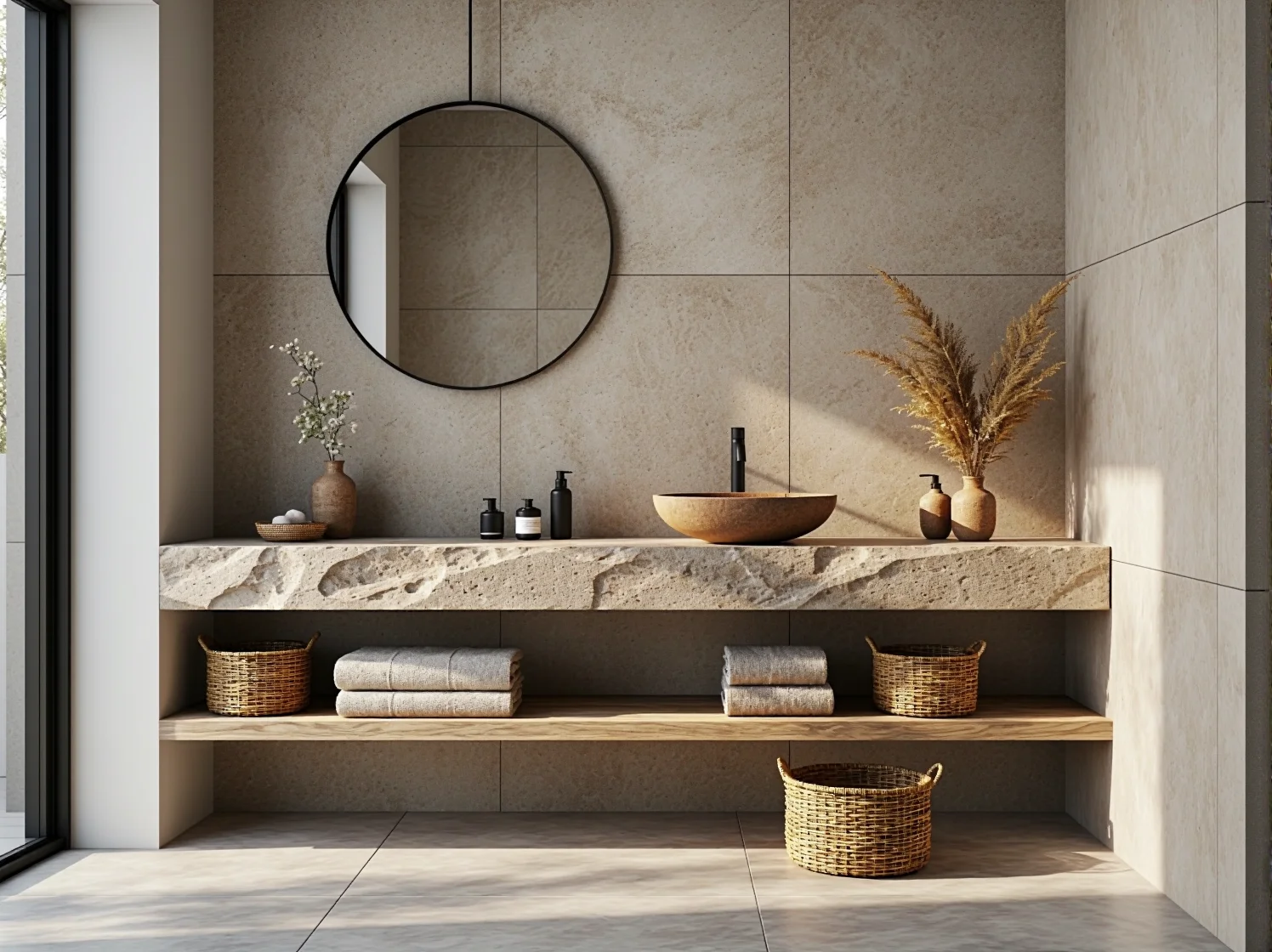 Nowoczesna kuchnia w odcieniach ziemi z brązowymi frontami szafek i beżową ścianą, ocieplona naturalnym światłem.