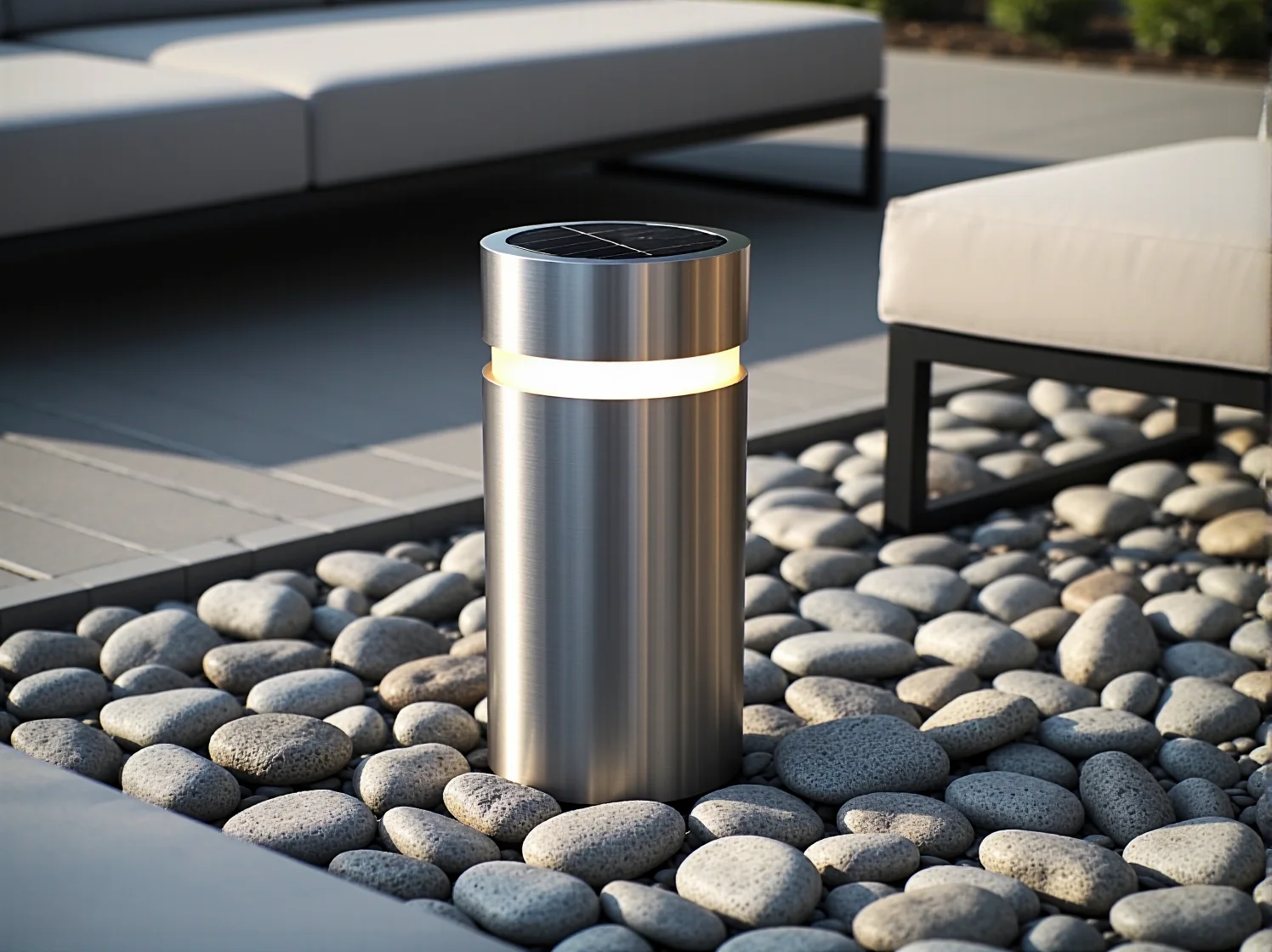 Czarna, geometryczna lampa solarna idealna do ogrodu w stylu minimalistycznym.