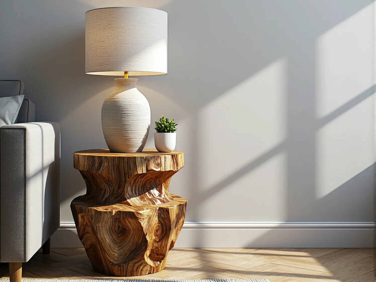 Stylowa lampa wisząca z abażurem pasująca do salonu z drewnianym parkietem.