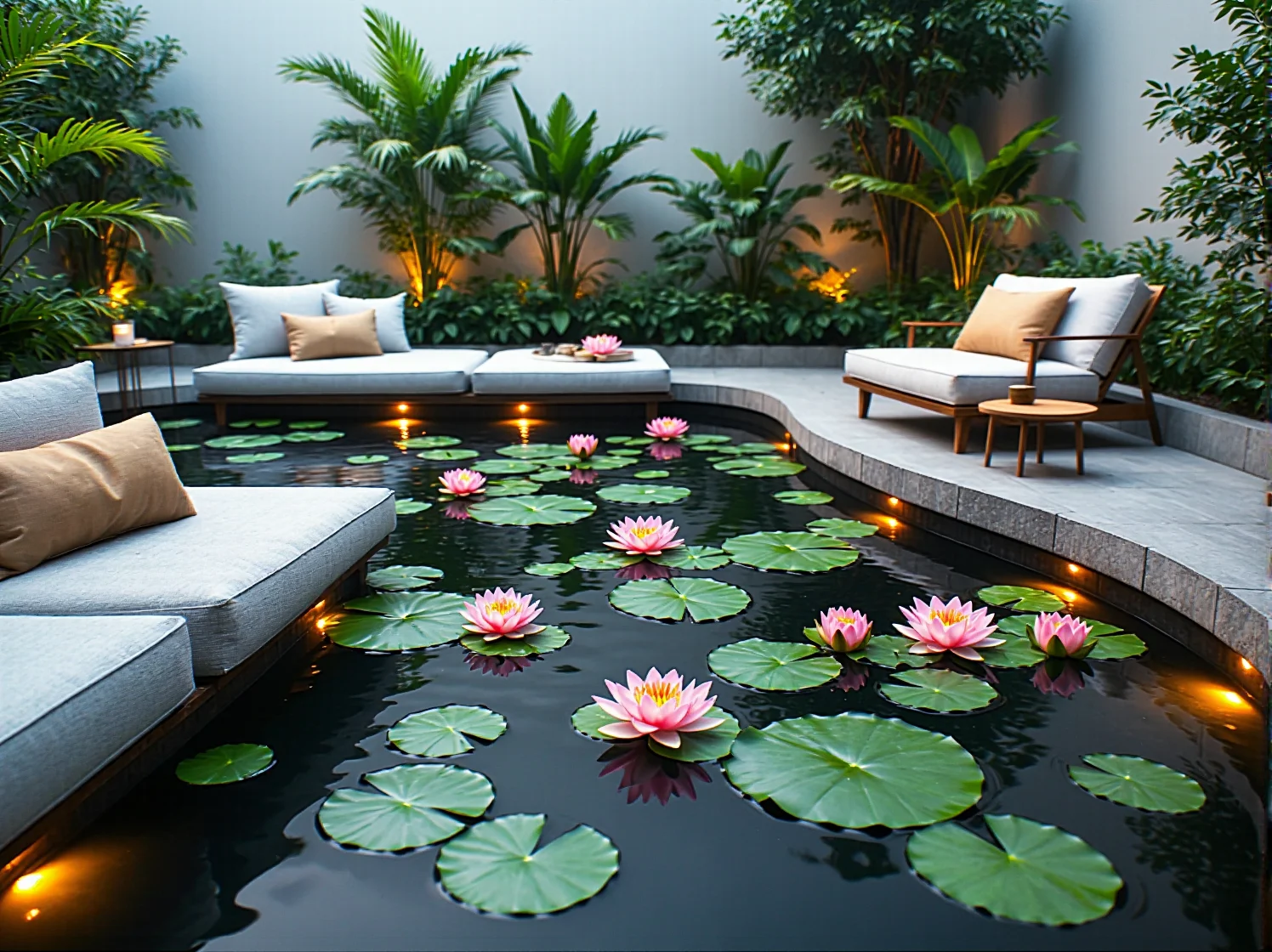 Stojące lampy ogrodowe typu kule, rozmieszczone wokół stawu w tropikalnej aranżacji.