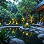 Lampy ogrodowe LED przy oczku wodnym w tropikalnym stylu