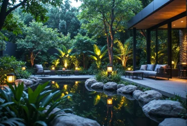 Lampy ogrodowe LED przy oczku wodnym w tropikalnym stylu