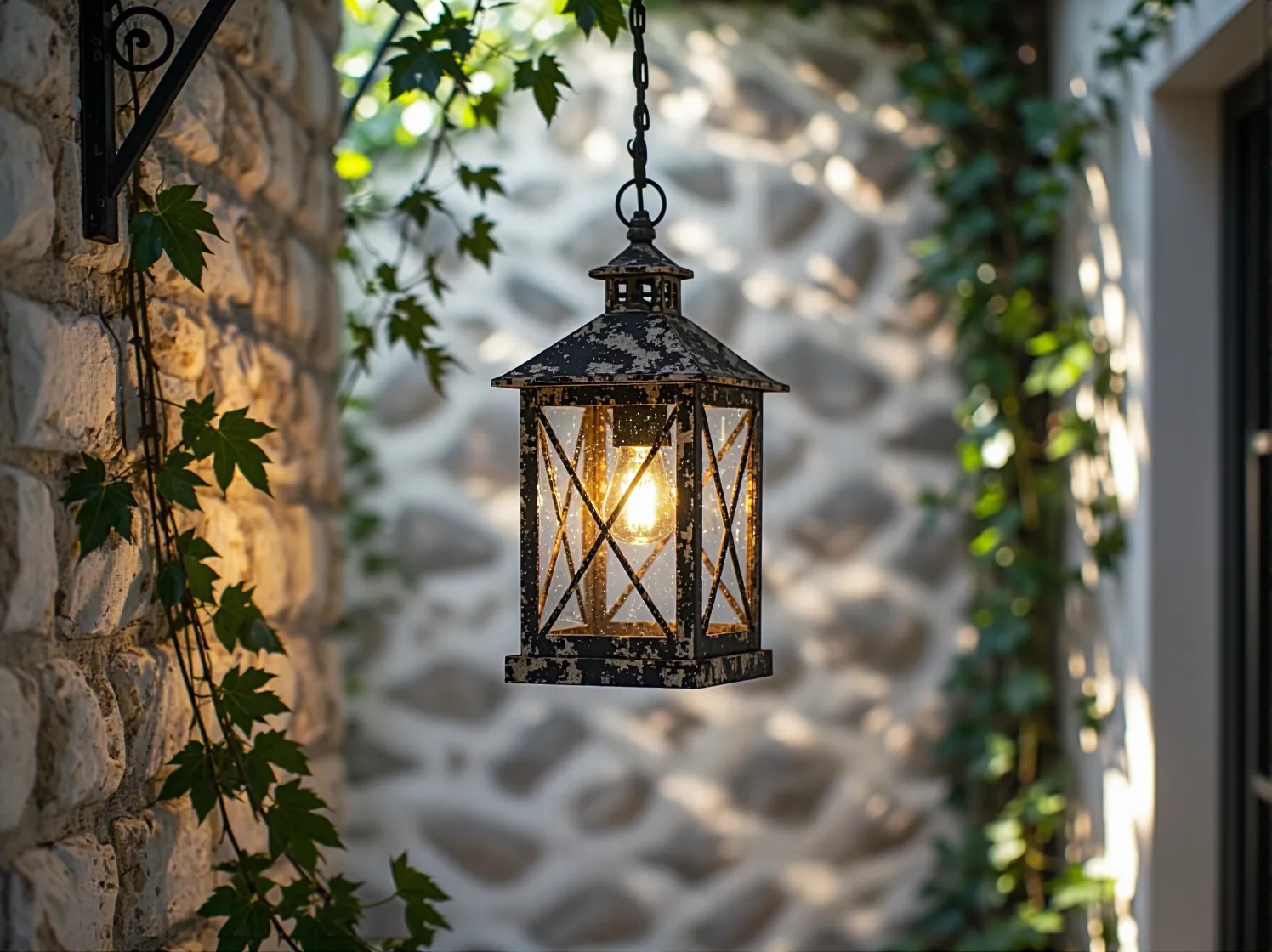 Zbliżenie na dekoracyjne latarenki LED w kształcie lampionów na stole ogrodowym.