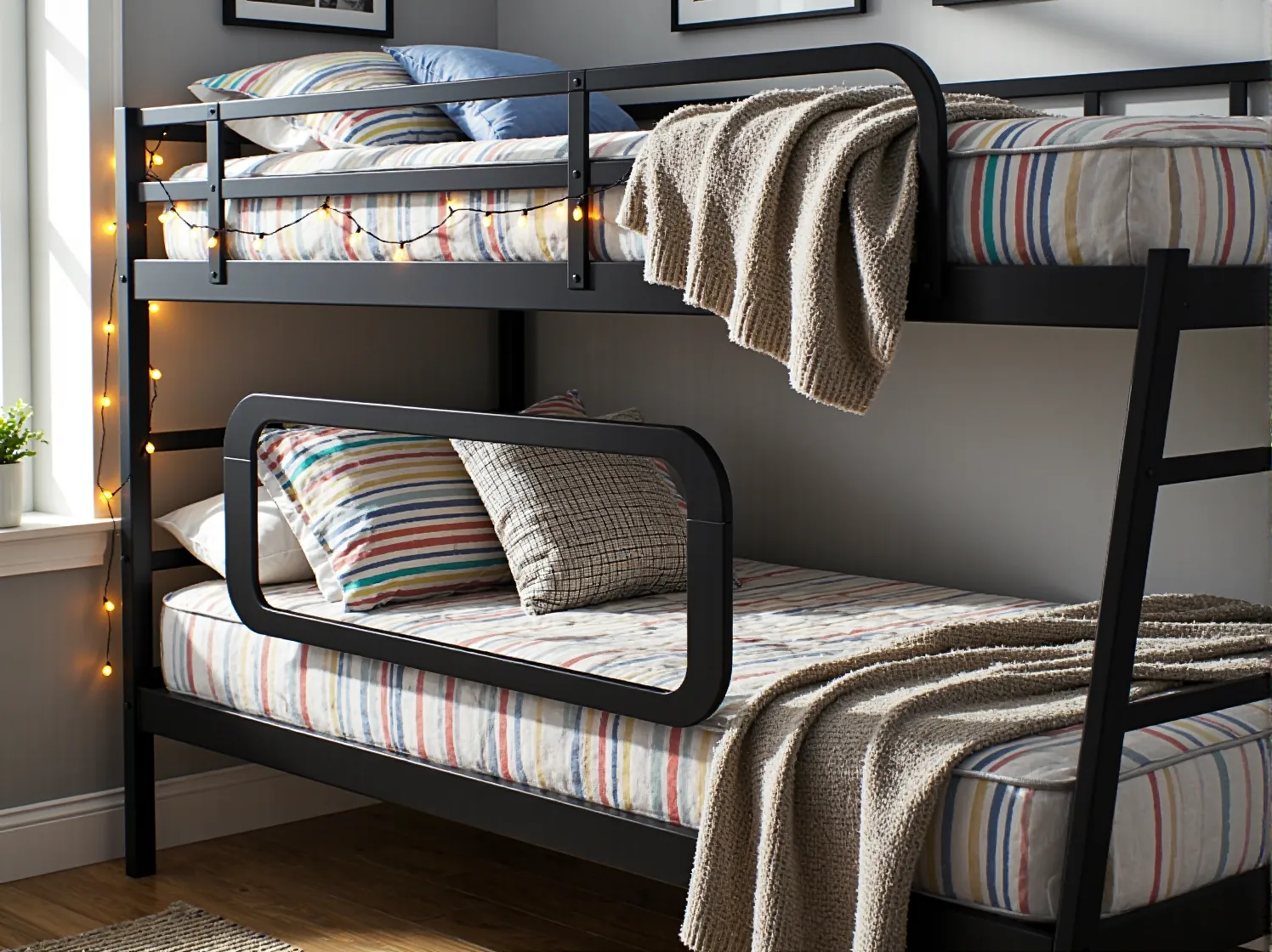 Funkcjonalne łóżko piętrowe z szufladami w aranżacji małego pokoju dziecięcego dla rodzeństwa.