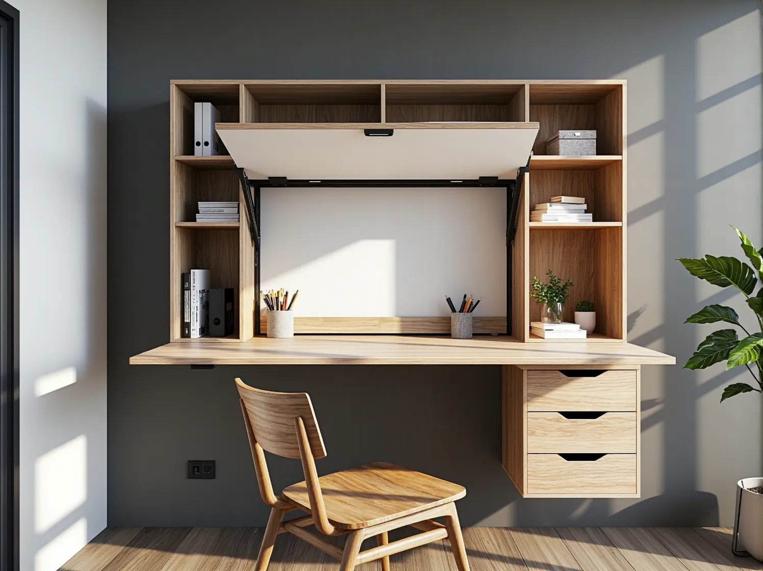 Nowoczesne łóżko chowane w szafie, idealne do małego mieszkania, pozwala zaoszczędzić miejsce w ciągu dnia.