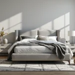 Łóżko kontynentalne szare tapicerowane z eleganckim zagłówkiem