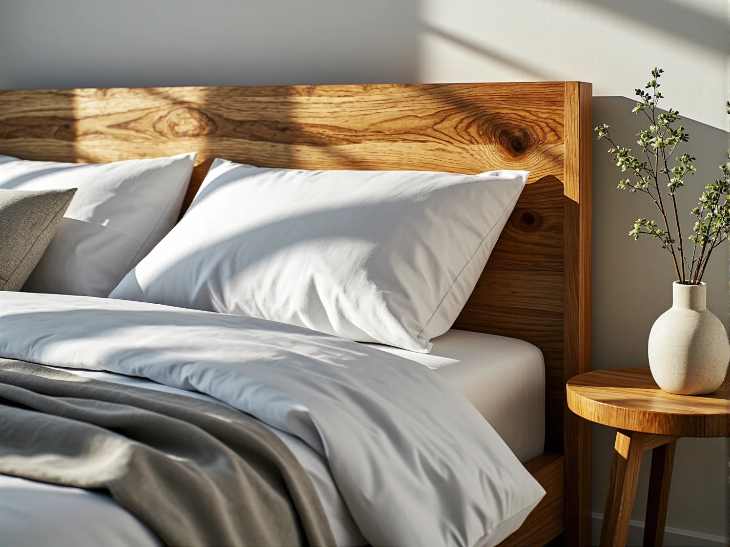 Eleganckie łóżko skandynawskie z szarym, tapicerowanym wezgłowiem, idealne do nowoczesnej sypialni.