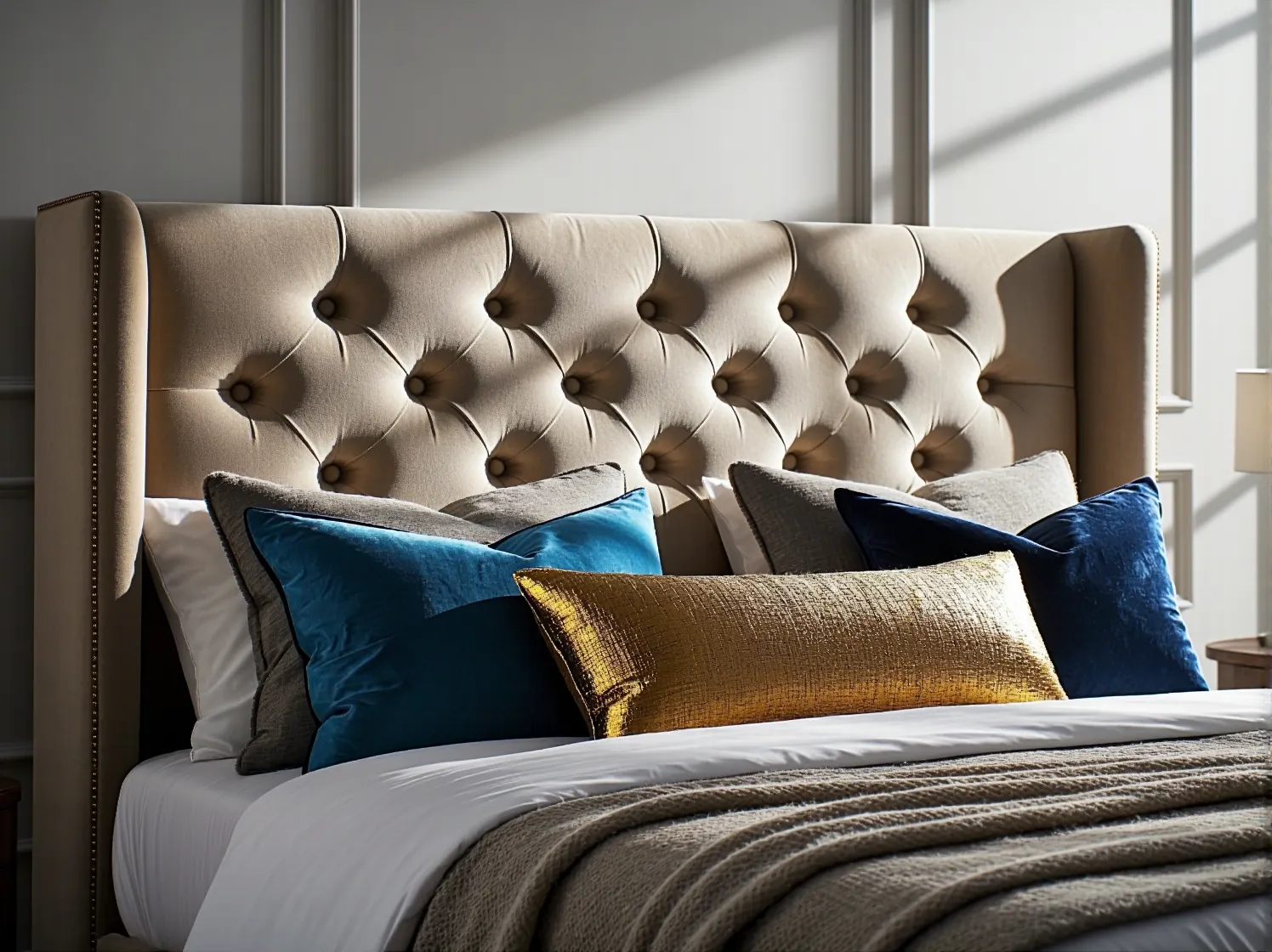 Jasna sypialnia glamour z miękkimi tekstyliami i stylową toaletką z lustrem