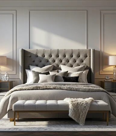 Eleganckie łóżko tapicerowane szare z pikowanym zagłówkiem glamour