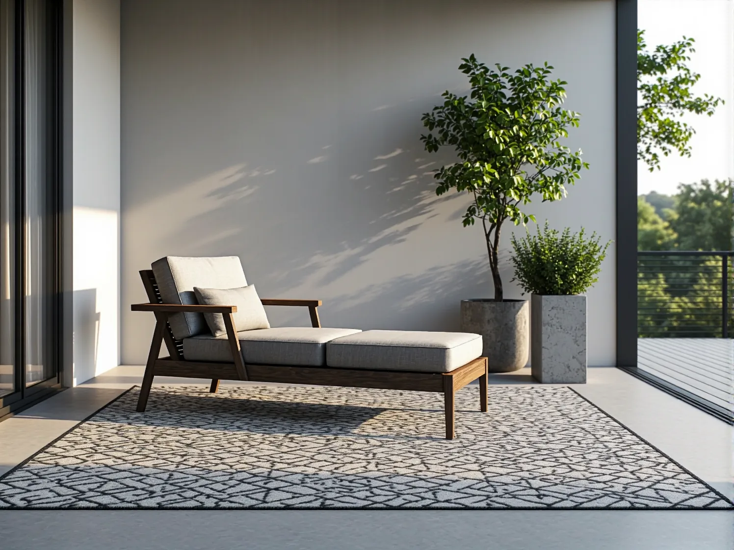 Luksusowe dodatki i tekstylia podkreślające wystrój tarasu w stylu japandi.