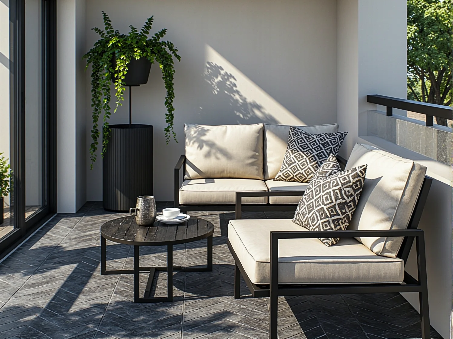 Złote kinkiety i lampiony na balkonie art deco tworzące nastrojowe, eleganckie oświetlenie.