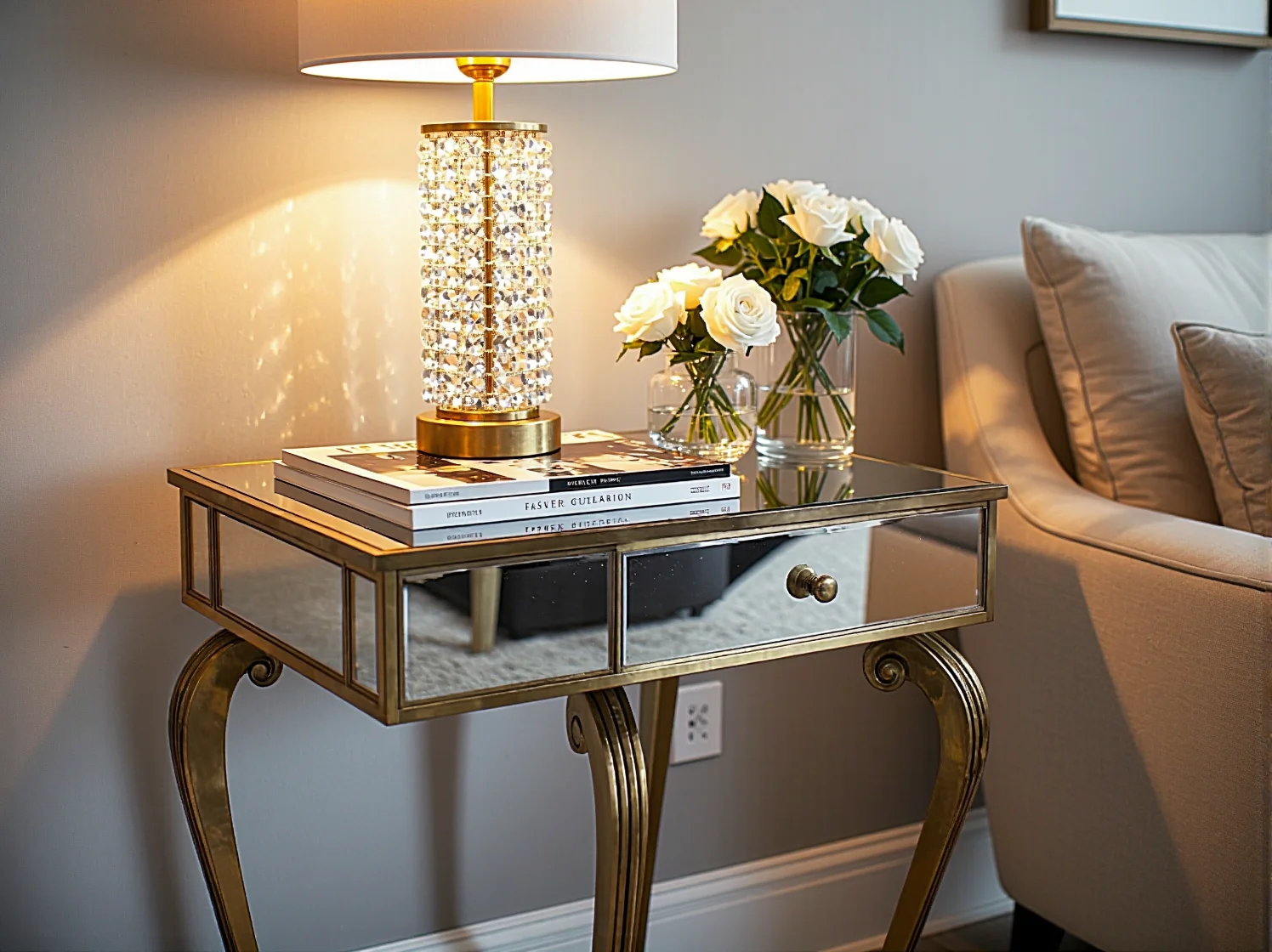 Stylowe lustro w ozdobnej ramie jako kluczowy element wnętrza glamour.