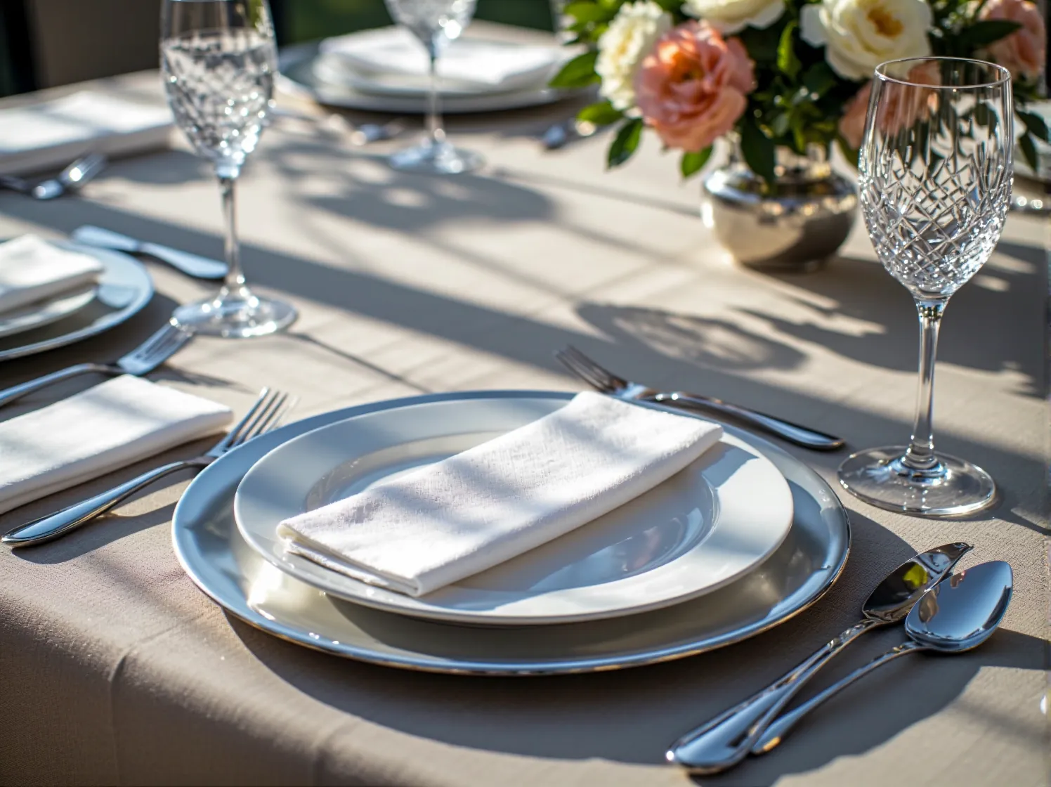 Zbliżenie na lustrzany stół bankietowy odbijający światło i dekoracje w estetyce glamour.