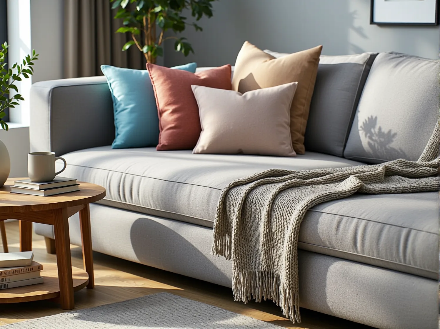 Kompaktowy narożnik w pastelowym kolorze idealny do małego wnętrza w duchu scandi.