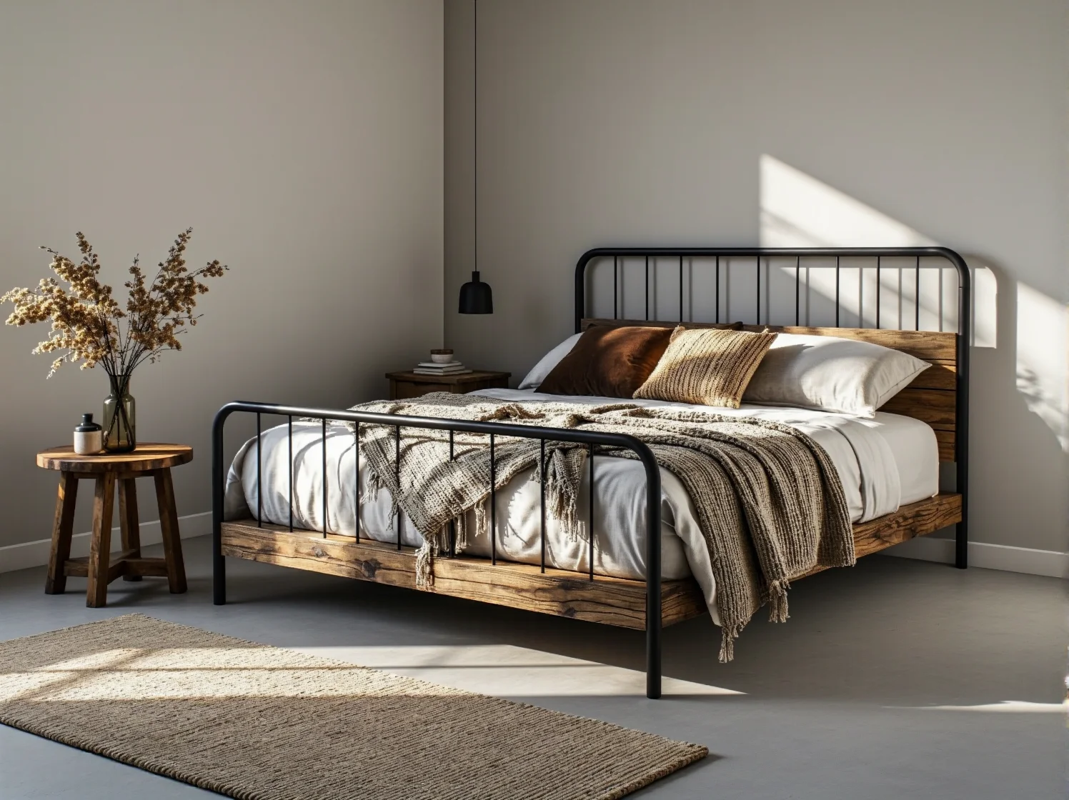 Masywne łóżko rustykalne z postarzanego drewna i prostej, surowej metalowej ramy w jasnym wnętrzu.