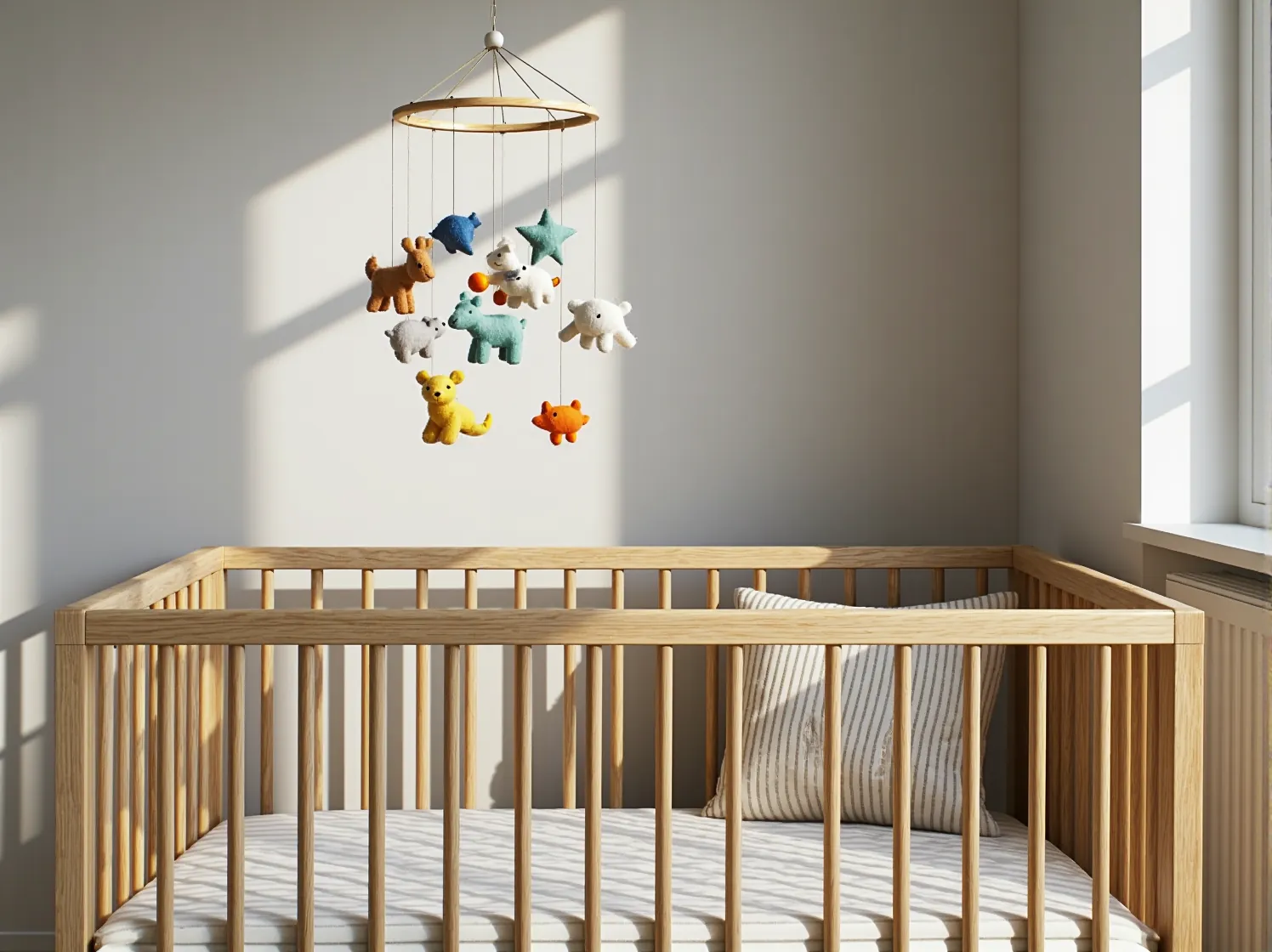 Minimalistyczny regał na zabawki i książki w jasnym pokoju dziecka urządzonym w stylu skandynawskim.