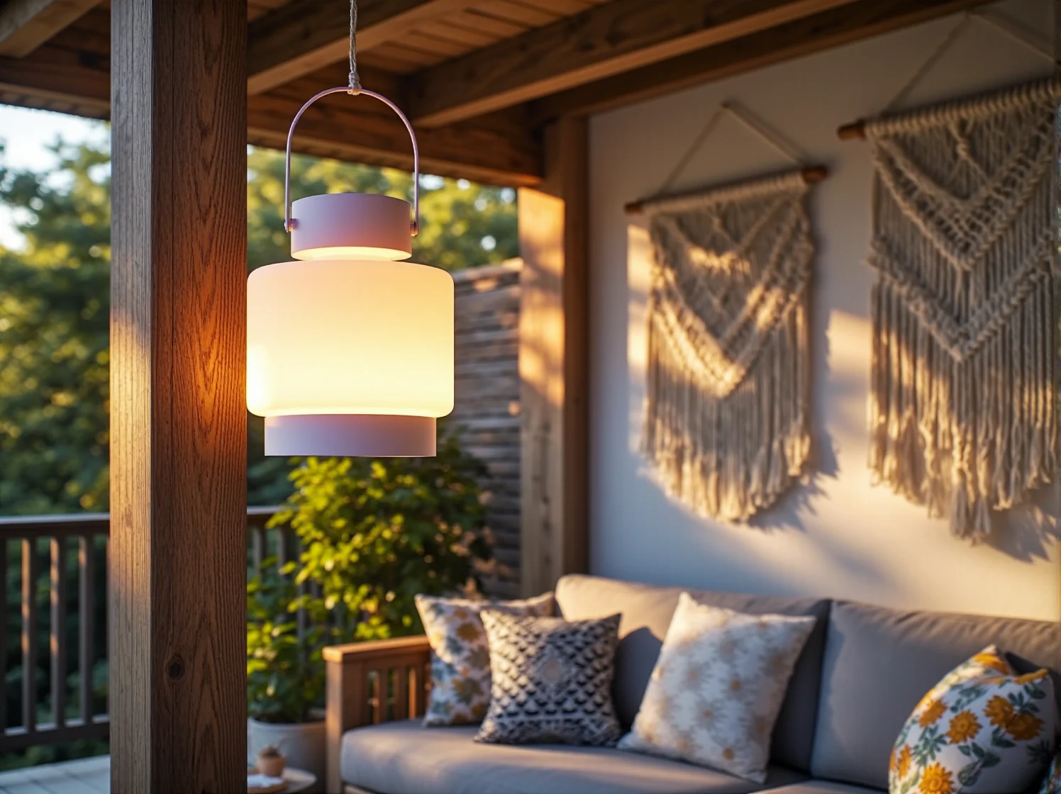 Drewniane meble, makramy i wzorzyste poduszki na tarasie boho. Inspiracja do stworzenia własnej oazy relaksu.